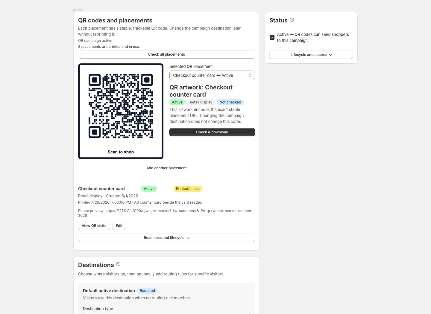 Advanced QR campaign editor with the selected placement artwork first