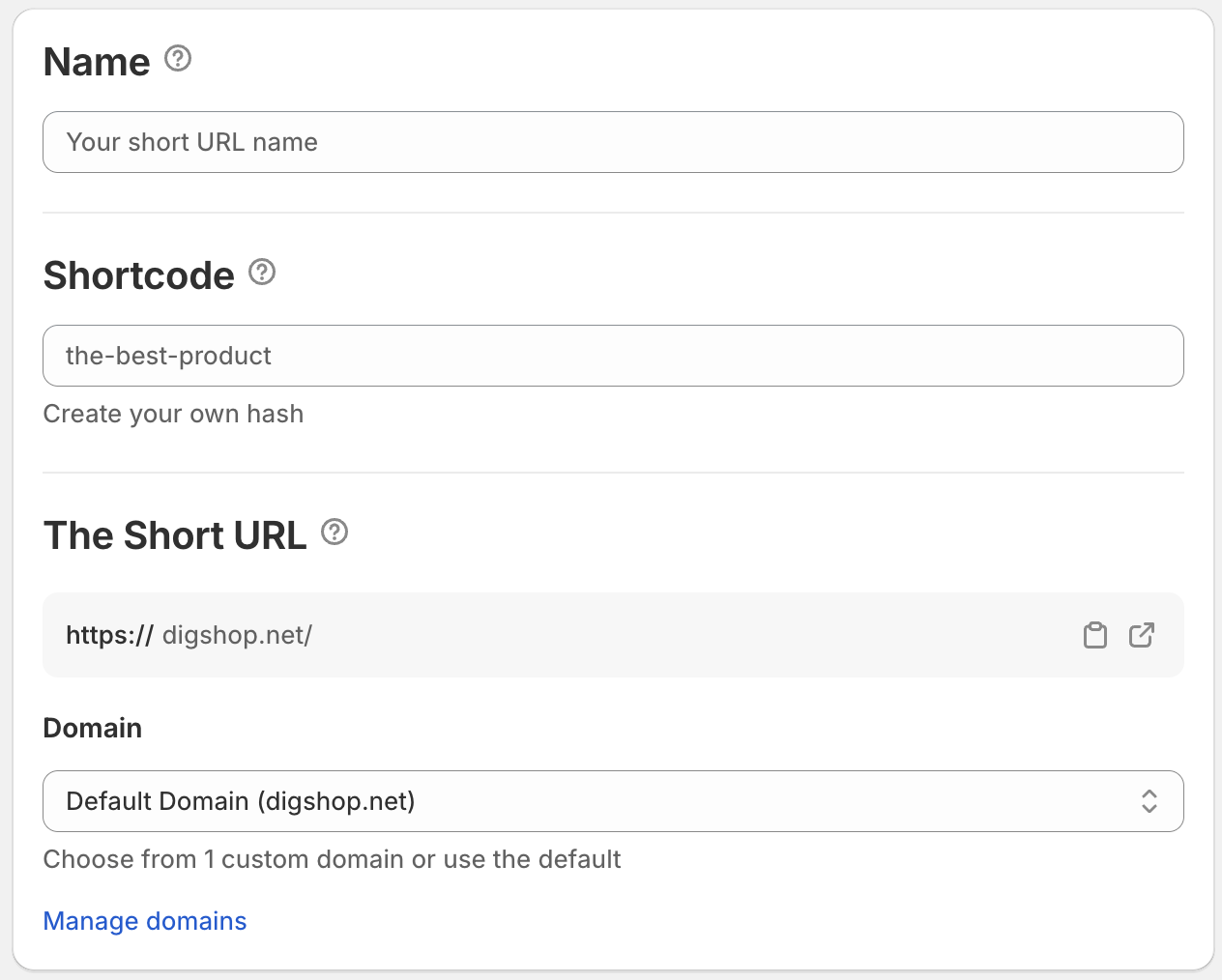 Select name, shortcode and domain